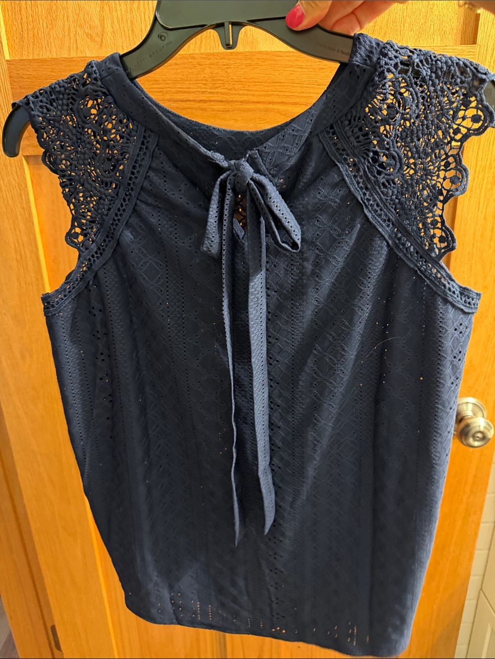 Navy Eyelet Lace Cap-Sleeve Blouse - Picture 3 of 4